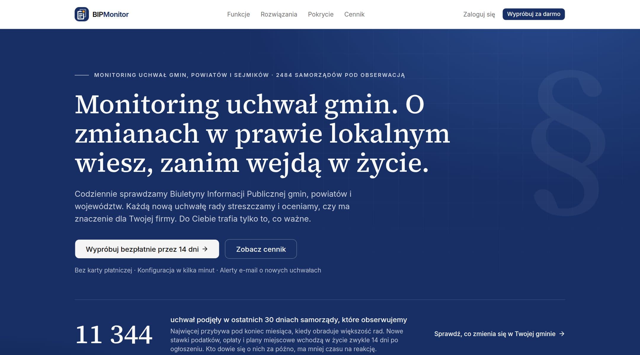 BIPMonitor: monitoring uchwał samorządów ze streszczeniami AI: zrzut ekranu